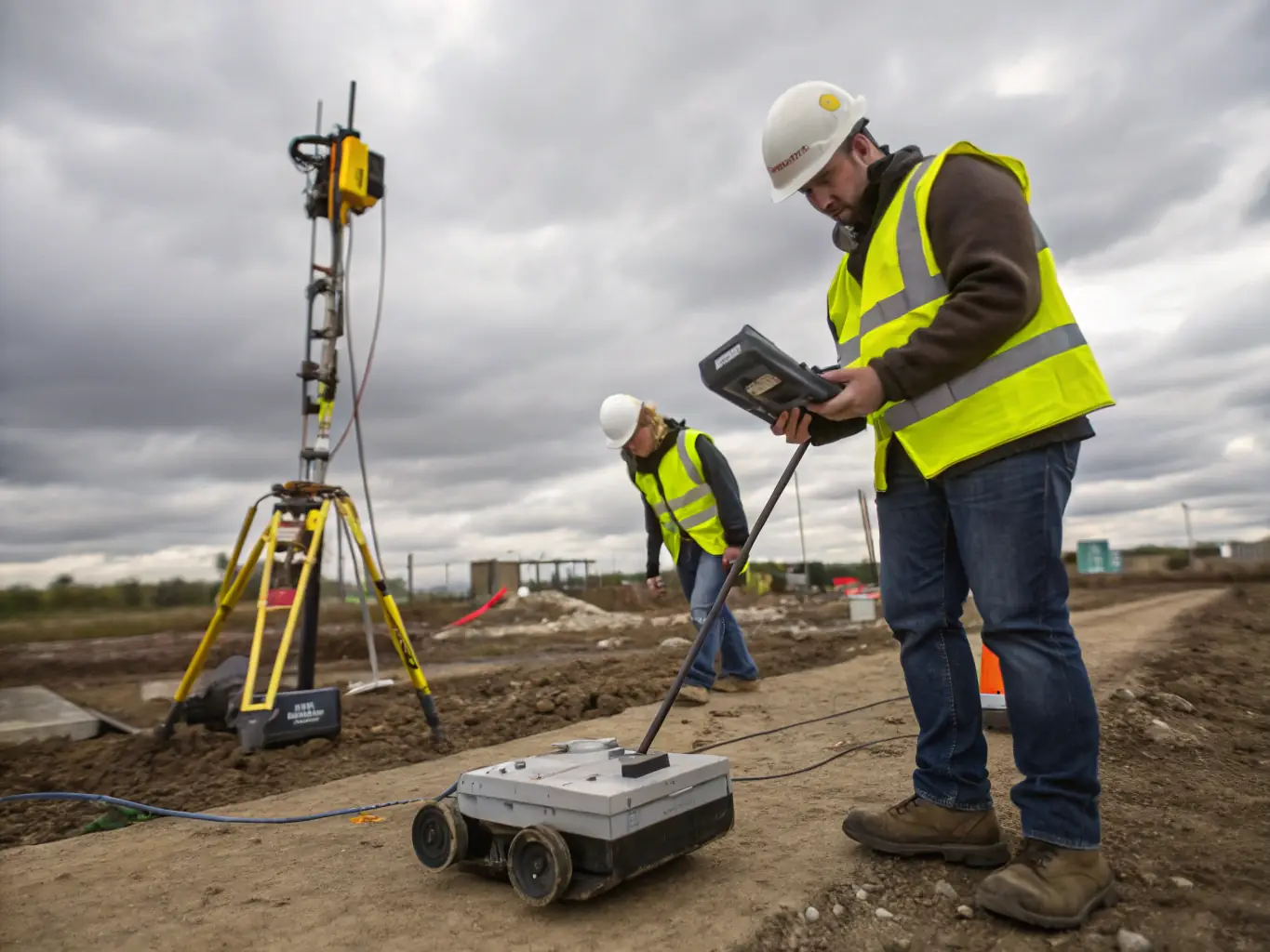 A construction site with workers using PipeSnap to capture real-time data of underground pipes before backfilling, showcasing the efficiency of the technology.