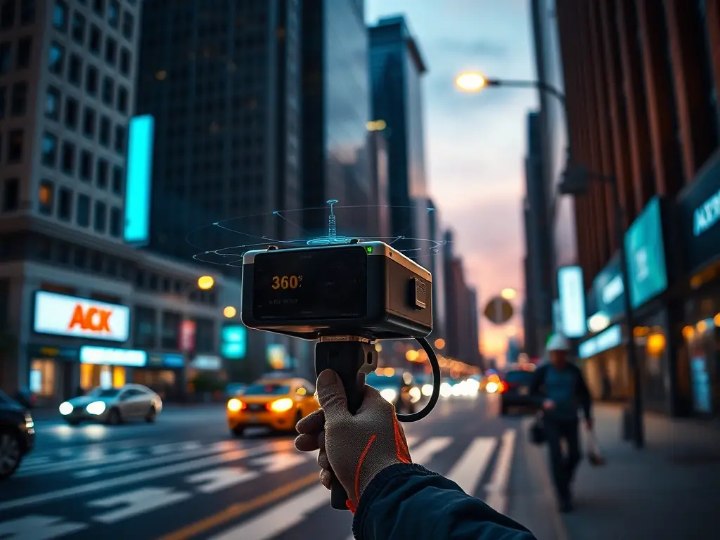 An image showcasing Maply's 360° mapping technology capturing surface assets in an urban environment, highlighting the comprehensive data collection capabilities.