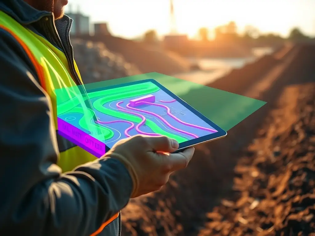 A high-resolution image depicting a construction site where Maply's georadar technology is being used to map underground utilities before excavation begins, ensuring safety and preventing costly damages.