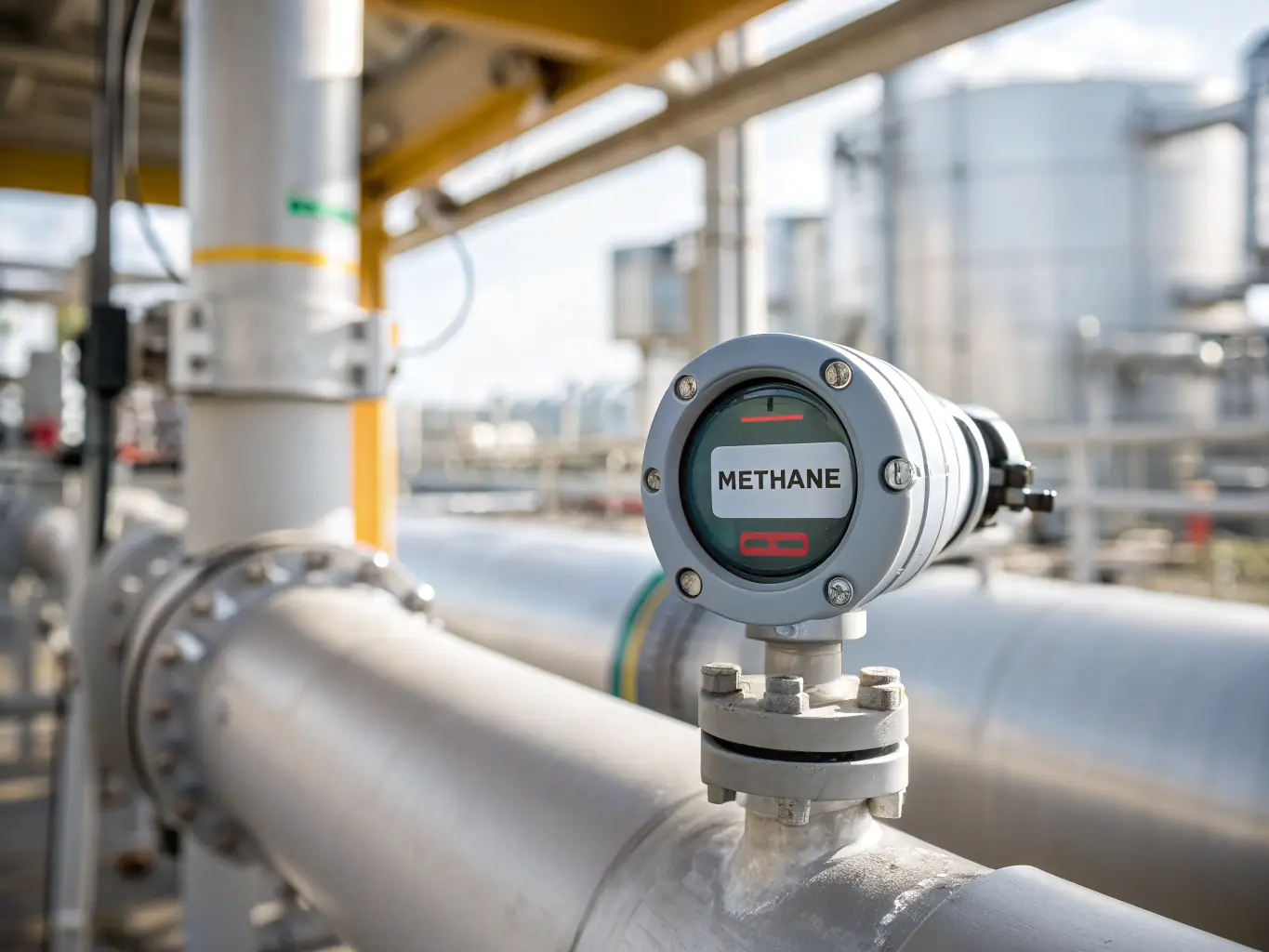 A visual representation of Maply's gas leak detection technology in action, showing sensors identifying and quantifying methane emissions in real-time, ensuring environmental safety.